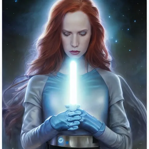 Image similar to Portrait of Mara Jade and blue Lightsaber from Star Wars drawn by Donato Giancola and Tom Bagshaw, face by Artgerm, overall design by Alphonse Mucha, background by James Jean and Gustav Klimt, light by Julie Bell, 4k, porcelain skin, komorebi, french nouveau, trending on artstation, octane render, hyperrealistic