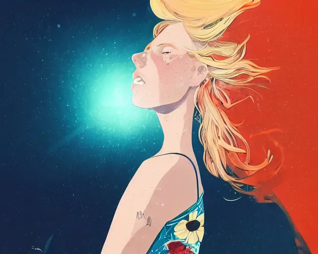 Image similar to pale young woman with bright blonde hair, freckles, blue eyes and a wide face, flowery dress, she is holding a professional dslr camera close to her face, dramatic lighting, bright flare, surreal art by conrad roset