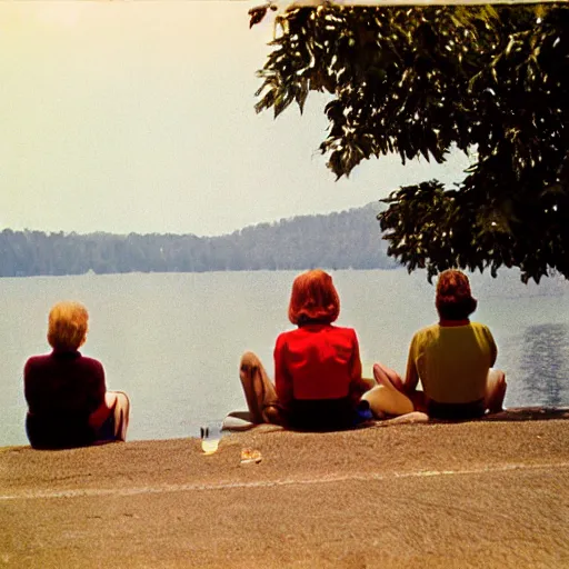 Image similar to color photograph from the sixties of people sitting by a lake in summer looking at a nuclear explosion, faded colors, light leaks