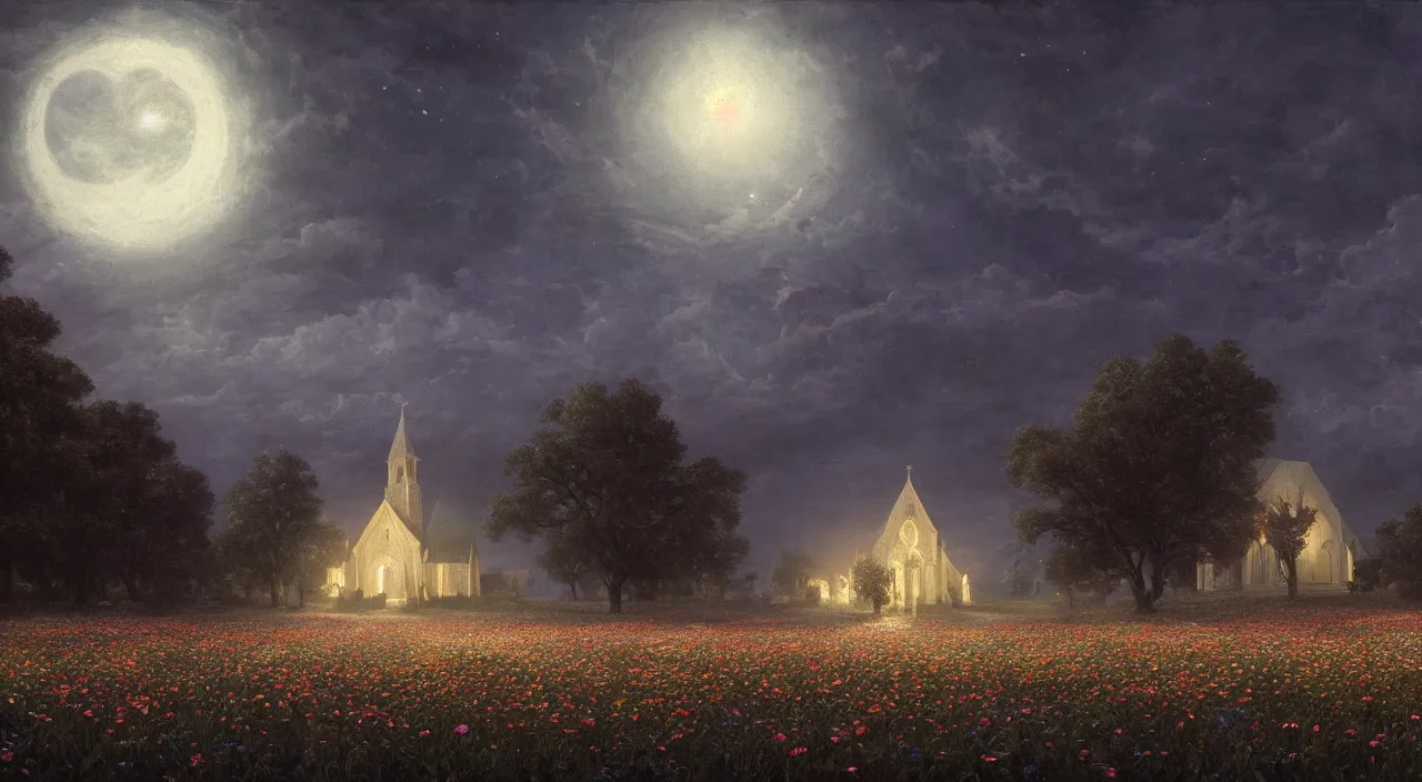 Image similar to A church in a field of flowers, with moonlight shining on the earth.highly realistic, hyper detailed,cinematic,4k,by Greg Rutkowski and gustav doré