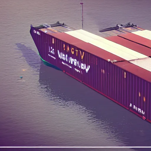 Image similar to an anti-gravity hovering (container vessel) at port in Night City Cyberpunk 2077, muted cyberpunk style, tranquil, desolate, atmospheric, hazy, sweltering, autochrome, 8k, reflections, octane render, unreal engine 5