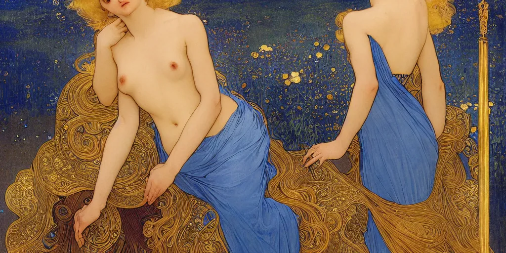 Prompt: a venere blonde princess, play with her long blue dress with gold details, fantasy, clothing, concept art, highly detailed, atmospheric light, oil painting, art by alphonse mucha and gustav klimt