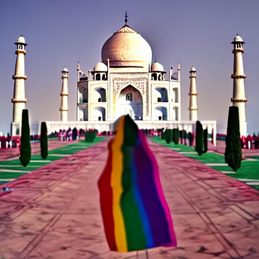 Prompt: photo of gay pride at ( ( ( ( taj mahal ) ) ) ), cinematic color grading, soft light, faded colors, well framed, sharp focus, 8 k