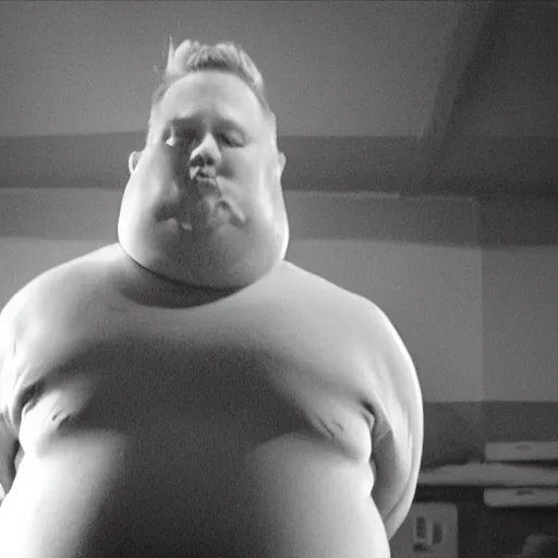 Image similar to a photo of an exciting white male that's overweight. there's something about him woman are attracted to. he is in a music video.