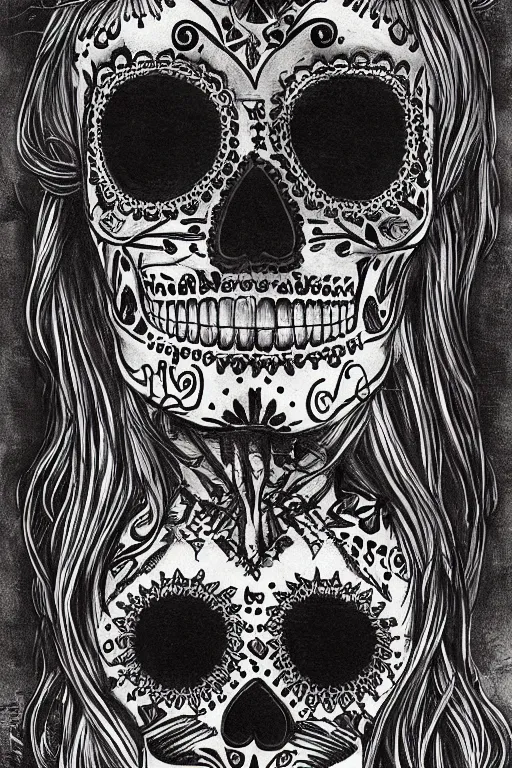 Image similar to Illustration of a sugar skull day of the dead girl, art by H R Giger