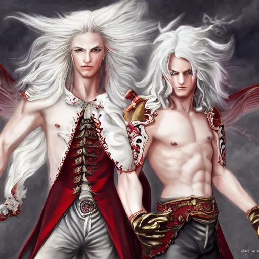 Image similar to Epic rococo painting of two young twins males, with white skin, long white hair and red eyes. Wearing identical red clothes. Middle age. Castlevania, ultra-detailed. Anime, pixiv, UHD 8K CryEngine, octane render