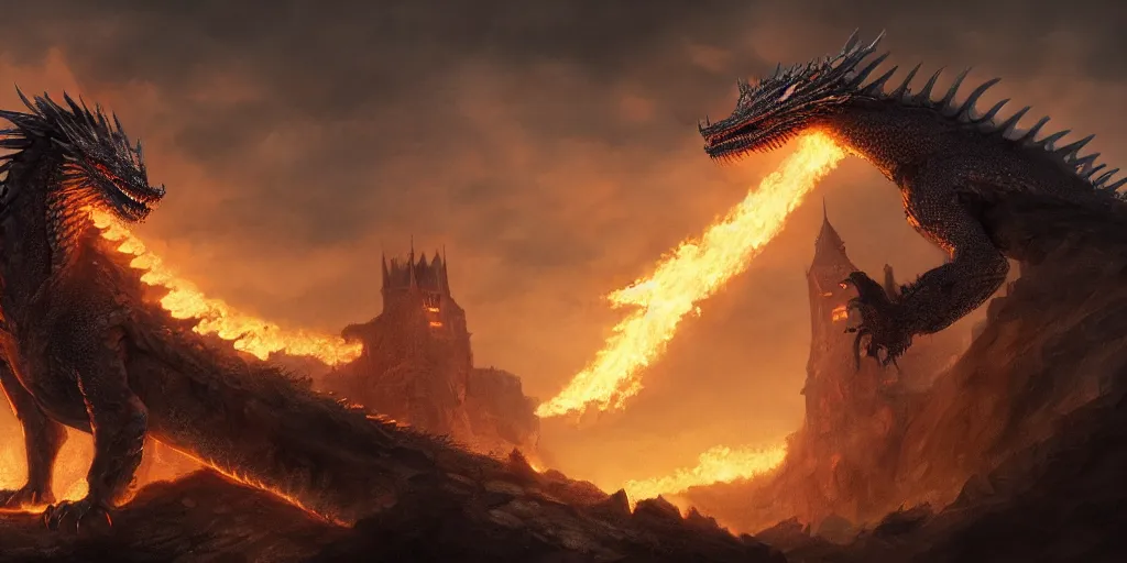 Image similar to an environmental concept art of a highly detailed dragon breathing fire on a castle, game of thrones, environmental light, cinematic by francis tneh