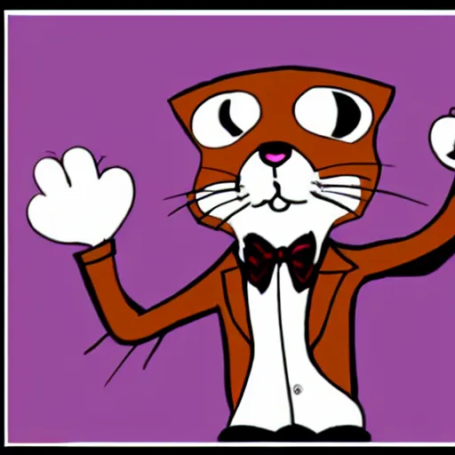 Prompt: in the style of elysecastro, cartoon anthropomorphic cat, male, waring a pink tux, brown furr