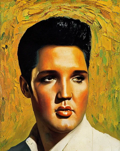Prompt: painterly portrait, Elvis Presley, impasto, fantasy, chuck close:7, carl spitzweg:7, cinematic light, full face, symmetrical face