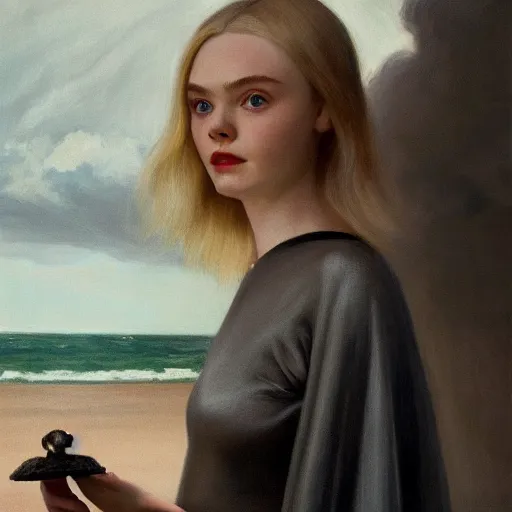 Image similar to Elle Fanning in a black robe holding a skull on the beach, head and shoulders portrait, stormy weather, extremely detailed masterpiece, Roger Deakin’s cinematography, oil on canvas, Edward Hopper,