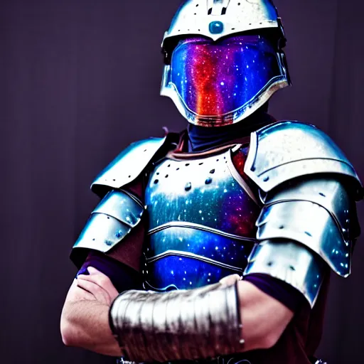 Prompt: photo of a real-life beautiful warrior with galaxy coloured armour