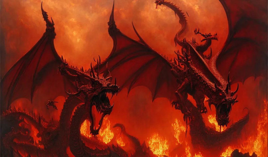 Prompt: a huge satan dragon in hell. highly detailed painting by gaston bussiere, craig mullins, j. c. leyendecker, 8 k