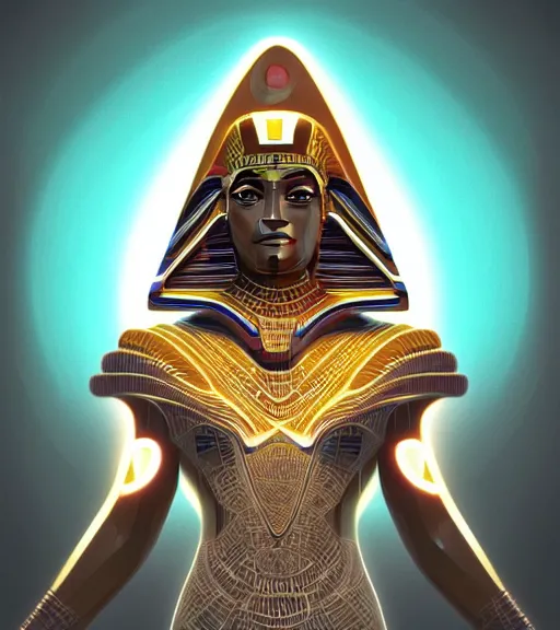Image similar to symmetry!! egyptian god of technology, solid cube of light, hard edges, product render retro - futuristic poster scifi, lasers and neon circuits, brown skin egyptian god, intricate, elegant, highly detailed, digital painting, artstation, concept art, smooth, sharp focus, illustration, dreamlike, art by artgerm