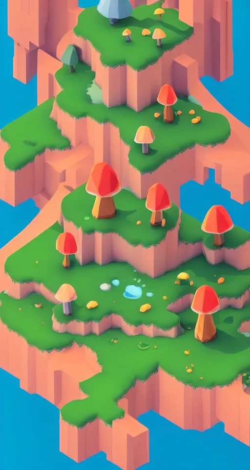 Image similar to a cute little matte low poly isometric mushroom island, waterfalls, lat lighting, soft shadows, trending on artstation, 3d render, monument valley, fez video game,