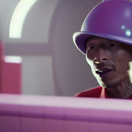 Image similar to cinematic film still of Pharrell Williams Making A Beat with an anthropomorphic alien, Japanese VFX, 2018, 400mm lens, f1.8, shallow depth of field,film photography