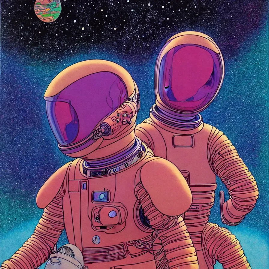 Image similar to ( ( ( ( astronaut talking face to face with a humanoid creature from another planet. ) ) ) ) by mœbius!!!!!!!!!!!!!!!!!!!!!!!!!!!, overdetailed art, colorful, artistic record jacket design