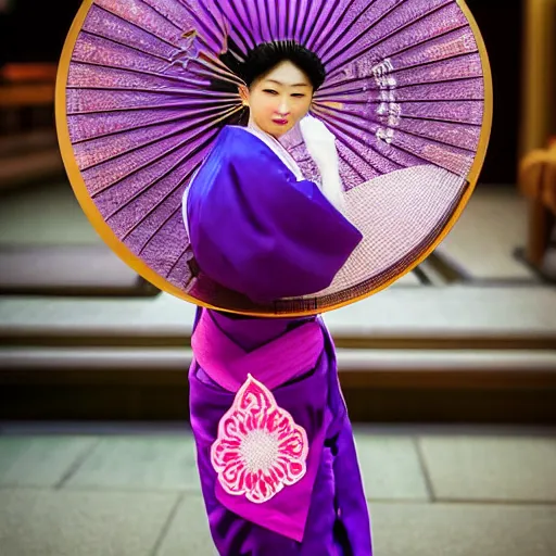 Prompt: Japanese geisha with beautiful violet paper fan, 4k photography, 30 mm lens, cinematic light, warm atmosphere, in style of Kar Wai Wong, cigarette smoke trail