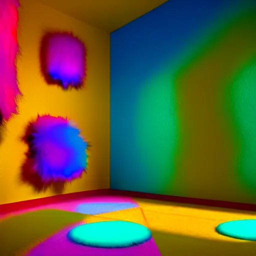 Image similar to : colorful abstract fuzzy sculpture on the wall in modern architecture, cinematic lighting, hyper - realistic, detailed, render by c 4 d octane, unreal engine, 8 k 3 d render