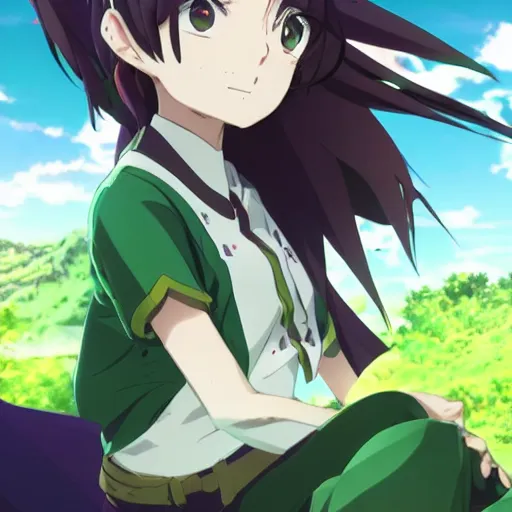 Prompt: anime key visual of a girl with a green outfit green hair and green eyes fascinated by a green paradise ; official media ; 4 k hd ; high quality ; in the rising of the shield hero ( 2 0 1 9 ), apex legends,