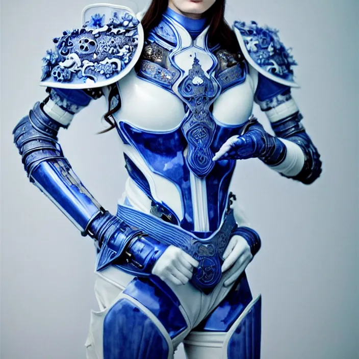 Prompt: porcelain cyborg armor, Chinese Blue and white porcelain 24th century, diffuse lighting, fantasy, intricate, elegant, highly detailed, lifelike, photorealistic, digital painting, artstation, illustration, concept art, smooth, sharp focus, art by John Collier and Albert Aublet and Krenz Cushart and Artem Demura and Alphonse Mucha