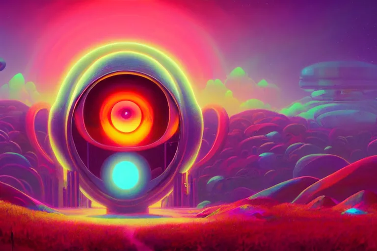 Prompt: portrait of psychedelic god with three eyes, eyeballs, cosmic landscape, psychedelic synthwave, Noah Bradley, Simon Stålenhag, Peter Max, 3D render