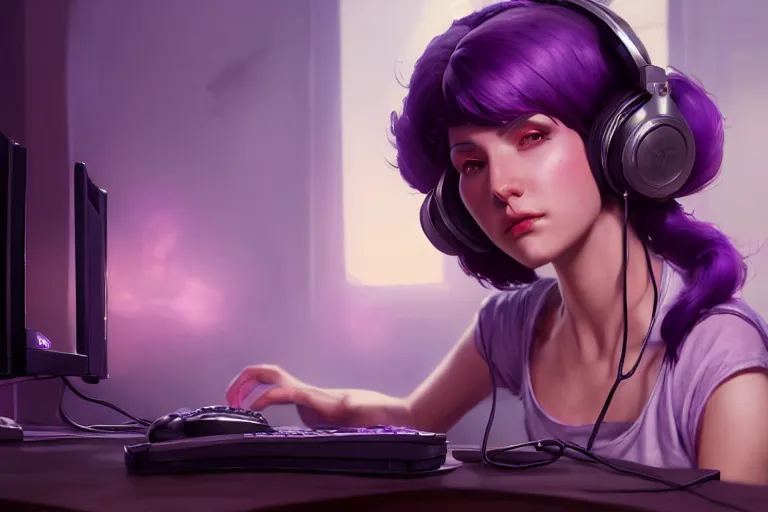 Image similar to wide - shot of stunningly beautiful purple haired female with headphones at home studio streaming computer games late at night, very detailed, 4 k, concept art like ernest khalimov, intricate details, highly detailed by greg rutkowski, ilya kuvshinov, gaston bussiere, craig mullins, simon bisley, backlit