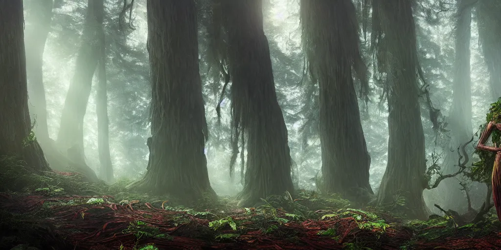 Image similar to detailed matte painting portrait of a menacing dryad in a redwood forest, dramatic lighting and composition, surreal background, octane render, pixar, trending on artstation, concept art, comic book, volumetric lighting 8 k