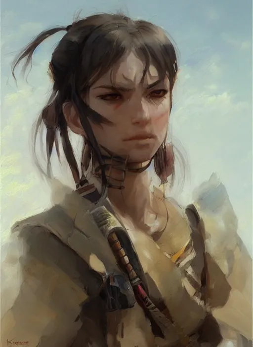 Image similar to portrait of desert warrior by krenz cushart, fantasy, oil painting, featured on pixiv, highly detailed, elegant, sharp focus