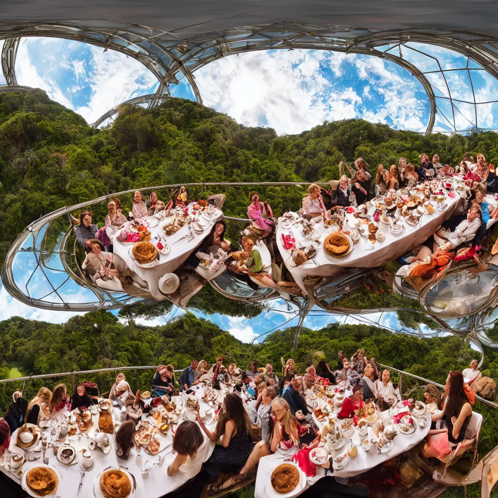 Prompt: elephant tea party, high tea, on a bridge, fulldome, 1 8 0 degree fisheye, 4 k,