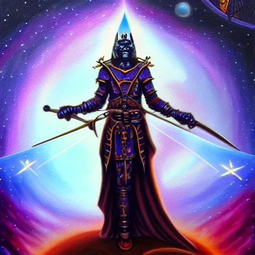 Prompt: facing the evil darkness dark star with a sword in hand, galactic nebular astral realm sacred journey in oil painting, trending on artstation, award winning, emotional, highly detailed surrealist art