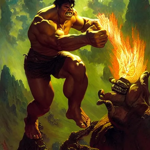 Image similar to hulk as stunning male master wizard casting fire spell, highly detailed painting by gaston bussiere, craig mullins, j. c. leyendecker, 8 k