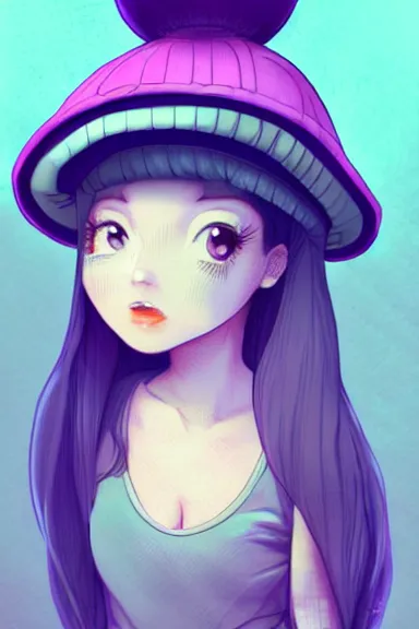 Image similar to a little girl wearing a mushroom hat in 9 0 s outfit | | purple curvy hair, pretty face, fine details, digial art by lois van baarle and sakimichan, anatomically correct, perfect composition, symmetrical, fantastic, clean details, anime character, extremely detailed, ray tracing