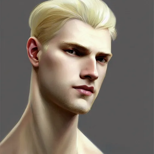 Image similar to Blond pale white Lucius with closed eyes smiling, very detailed sharp angular masculine face, hooked nose and square jaw, long fluffy curly blond hair, light blond hair, clean shaven, gorgeous, beautiful, intricate, highly detailed, digital painting, artstation, concept art, sharp focus, illustration, art by greg rutkowski and alphonse mucha