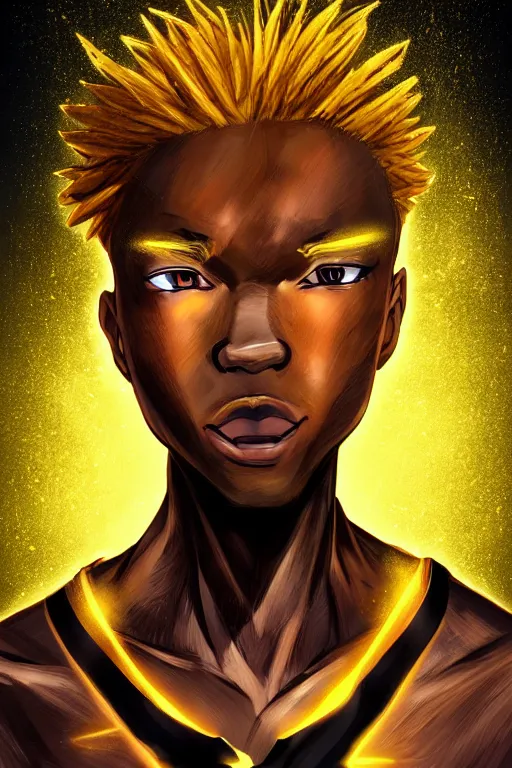 Prompt: golden glowing black male anime character, blonde hair, yellow eyes, symmetrical, highly detailed, digital art, sharp focus, trending on art station, crazy hair, electricity everywhere