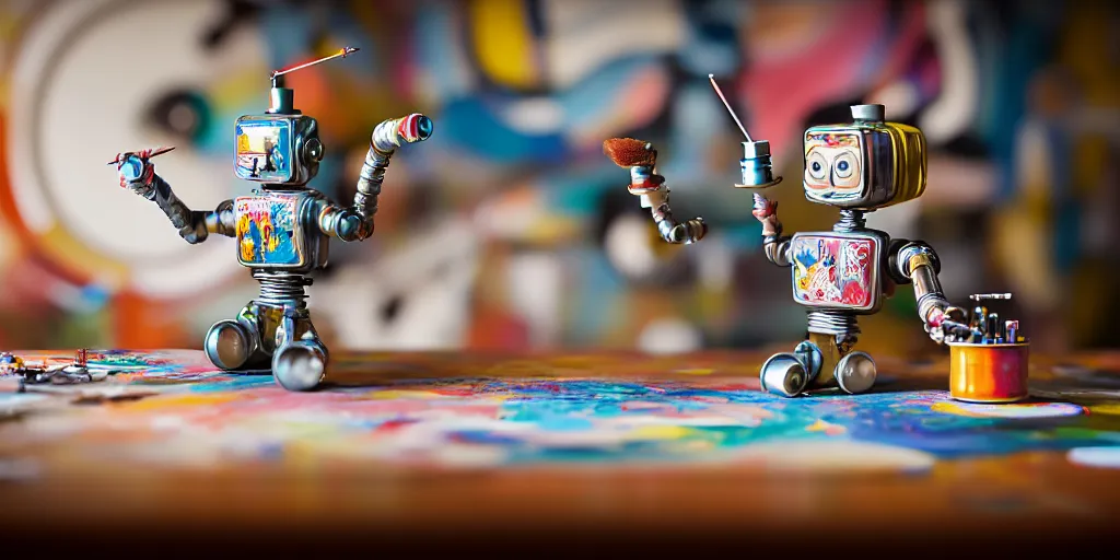 Image similar to closeup portrait of tin toy retro robot painter mixing gouache on white paper table in an artist workshop, depth of field, zeiss lens, detailed, centered, fashion photoshoot, by nicoletta ceccoli, mark ryden, lostfish, breathtaking, 8 k resolution, extremely detailed, beautiful, establishing shot, artistic, hyperrealistic, octane render