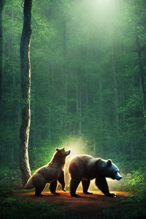 Image similar to a beautiful fullbody portrait of a bear and a wolf playing capoeira in a forest, at night. volumetric light, detailed, photorealistic, fantasy, rendered in octane