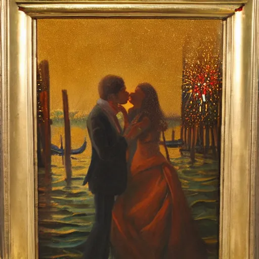 Image similar to an oil painting of couple kissing, in a background fireworks in venice