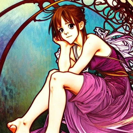 Image similar to cute anime feet, emma watson, alphonse mucha