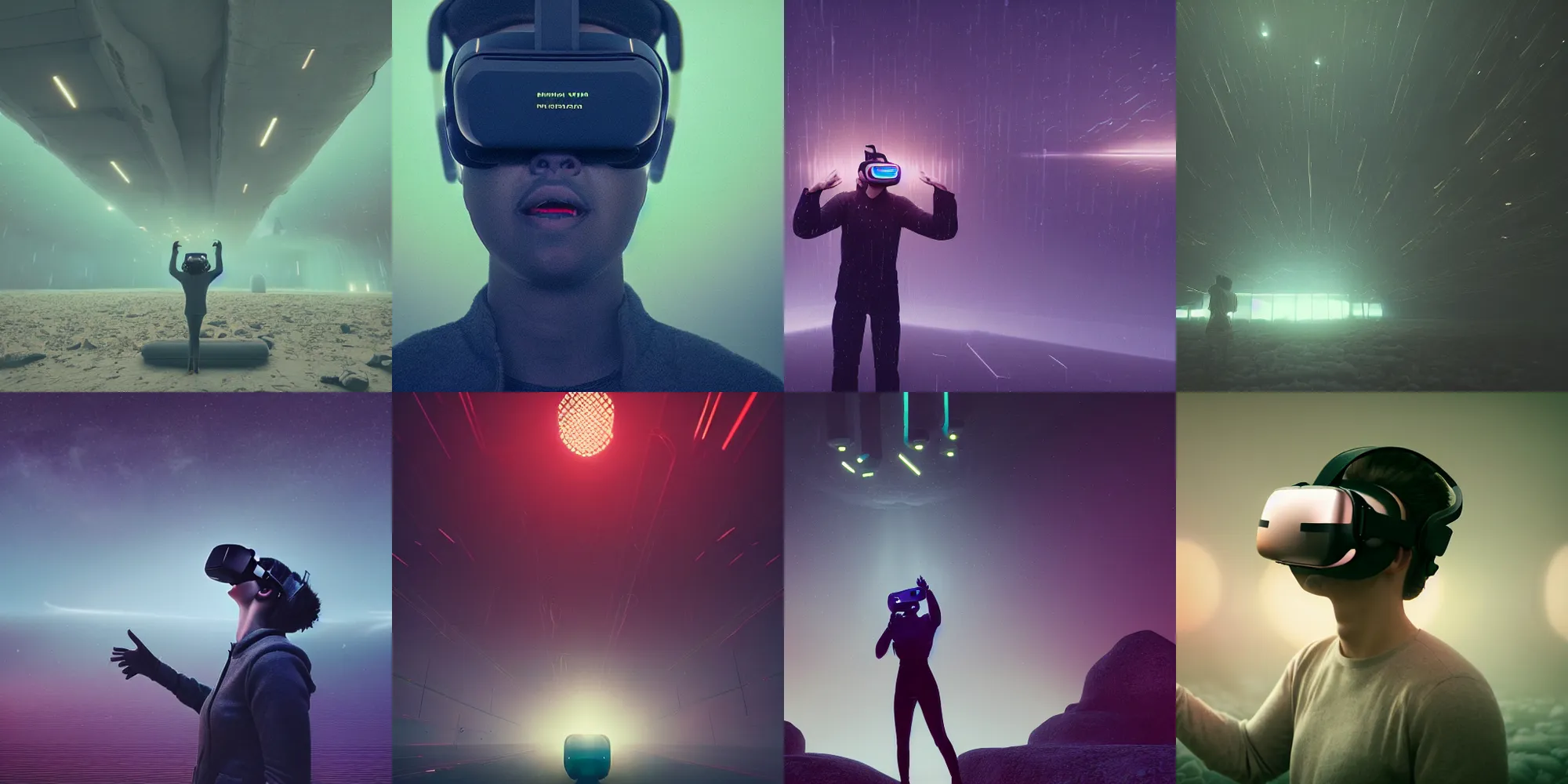 Image similar to beautiful dark landscape, person screaming wearing virtual reality, in the style of beeple and Mike Winkelmann, intricate, epic lighting, cinematic composition, hyper realistic, 8k resolution, unreal engine 5,