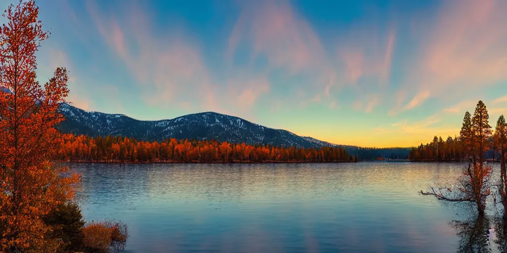 Image similar to serene view from the bank of Lake Tahoe in autumn with brightly colored trees, sunrise with slight fog over the water