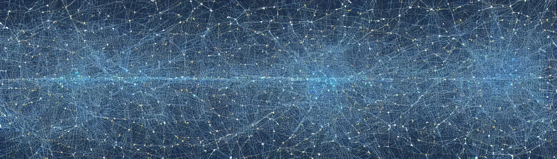 Prompt: a high-resolution data visualization in the shape of a city skyline, clusters and constellations of fragmented connections in the pattern of an audio waveform