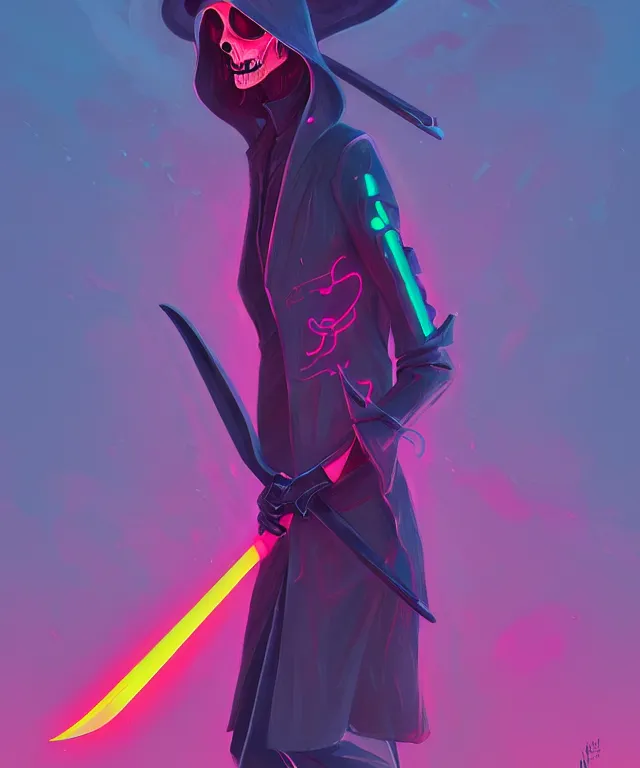 Prompt: a portrait of a neon grim reaper holding a scythe, fantasy, elegant, digital painting, artstation, concept art, matte, sharp focus, illustration, art by josan gonzalez