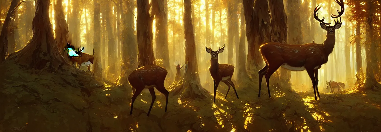 Image similar to Deer in Sherwood Forest, full frame, highly detailed, digital painting, artstation, concept art, smooth, sharp focus, illustration, art greg rutkowski and alphonse mucha