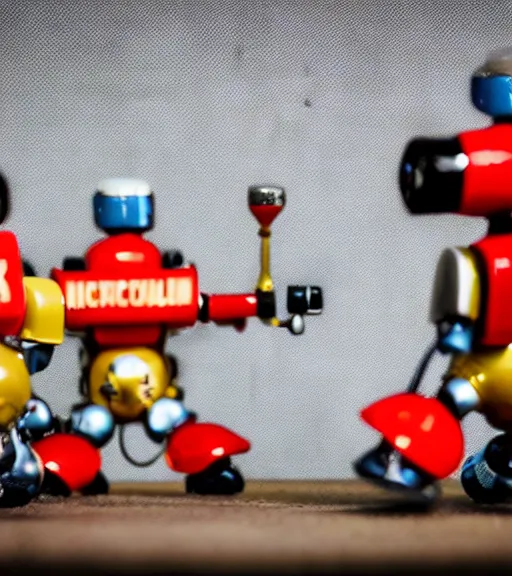 Image similar to high quality presentation photo of a a detailed miniature diorama of retro toy robots invading a detailed model of a 1950s town, photography 4k, f1.8 anamorphic, bokeh, 4k, Canon, Nikon