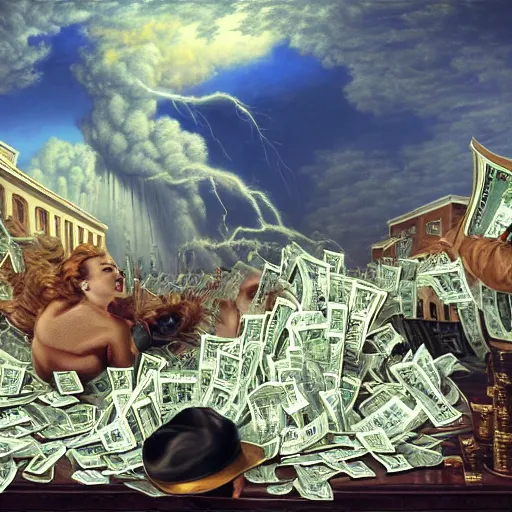 Image similar to huge tornado made of dollar bills, heavy winds carrying dollars in the air, dark clouds of cash in the background, Realistic, Regal, Refined, Detailed Digital Art, Michael Cheval, Walt Disney (1937), François Boucher, Oil Painting, Steampunk, Highly Detailed, Cinematic Lighting, Unreal Engine, 8k