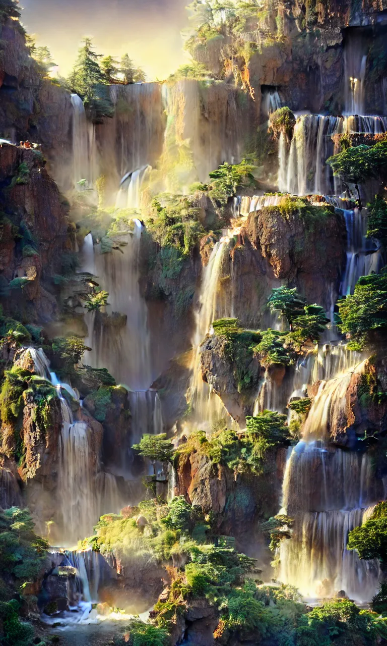 Image similar to beautiful big house waterfall flows down from the mountain, octane render, fabulous, hyper detailed, random cinematic view, no noise, global illumination, warm lighting, volumetric, godrays, vivid, beautiful, by jordan grimmer