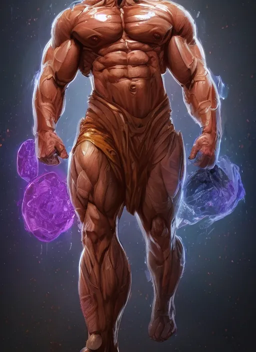 Prompt: jeff bezos is a muscular bodybuilder as thanos, au naturel, hyper detailed, digital art, trending in artstation, cinematic lighting, studio quality, smooth render, unreal engine 5 rendered, octane rendered, art style by klimt and nixeu and ian sprigger and wlop and krenz cushart.