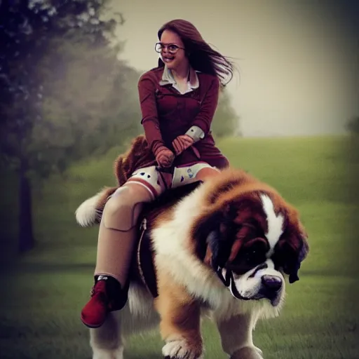 Image similar to girl riding a giant saint Bernard at the park catching a frisbee, trending on artstation