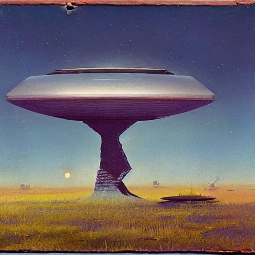 Prompt: tintype, wide view, thundra ufo crash site, team of scientists studying captured alien, art by bruce pennington