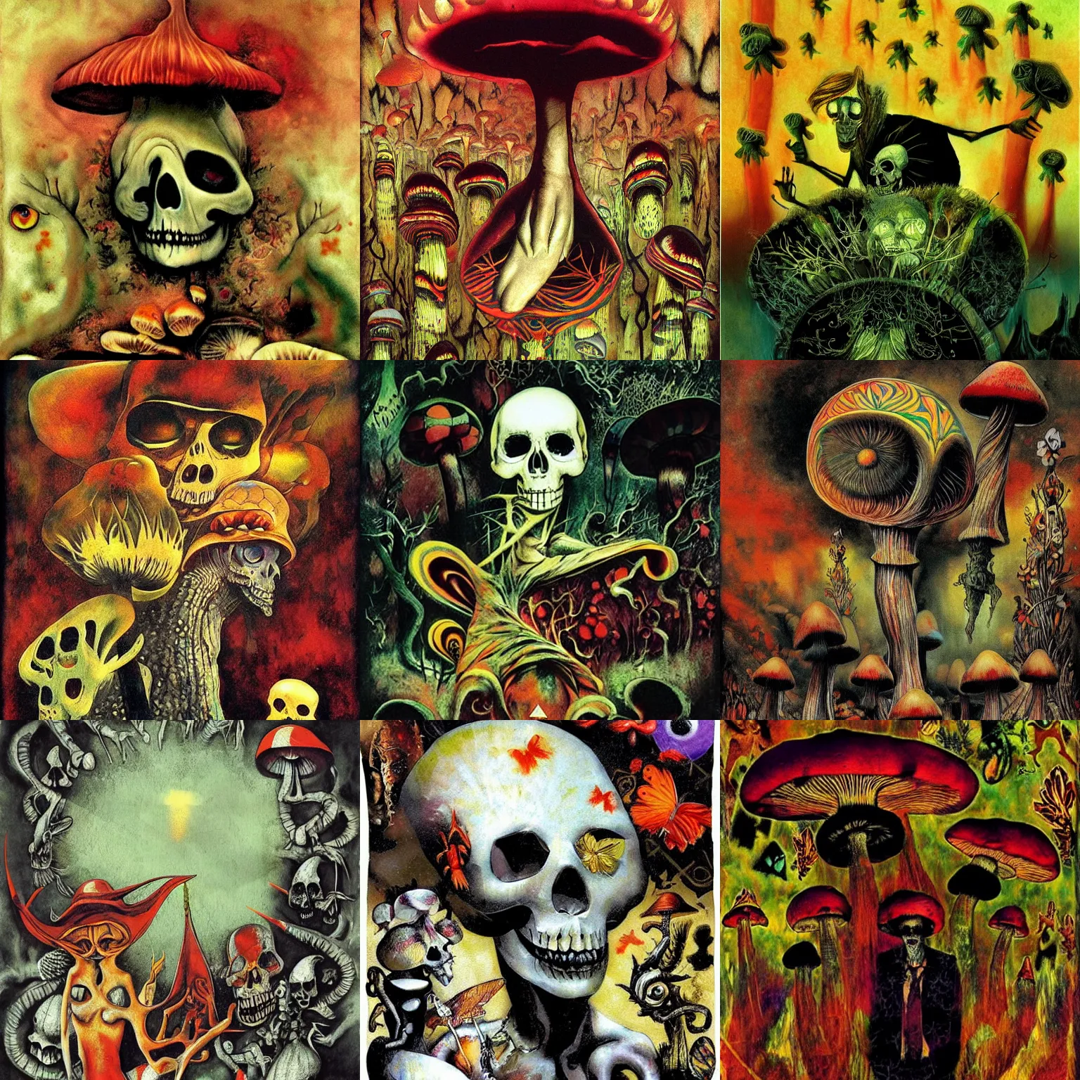 Prompt: psychedelic mushrooms dream, calaveras y diablitos, by dave mckean